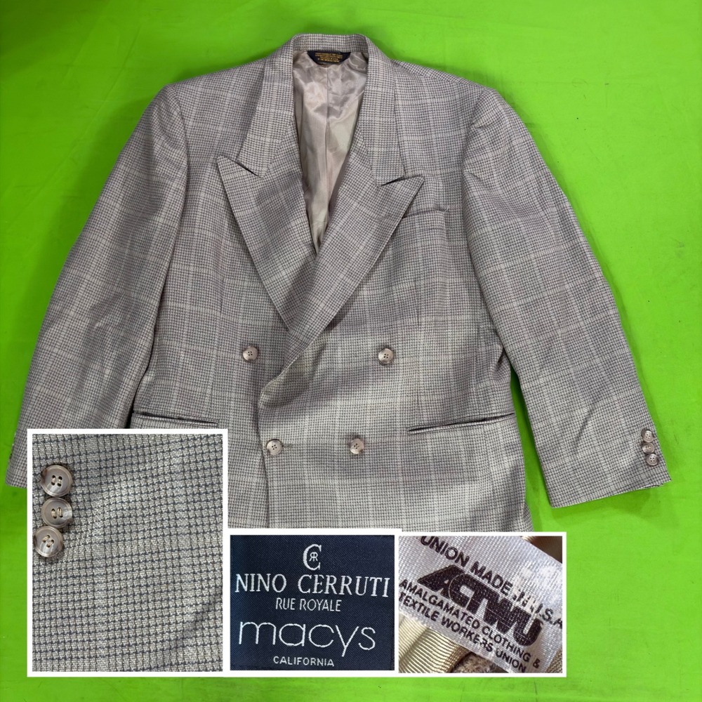 VTG 80s Nino Cerruti Blazer Mens 42R Gray Windowpane Plaid Double Breasted USA